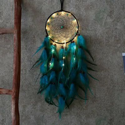 Atrapasueños de Plumas Turquesa con Luz – Protección y Magia Nocturna