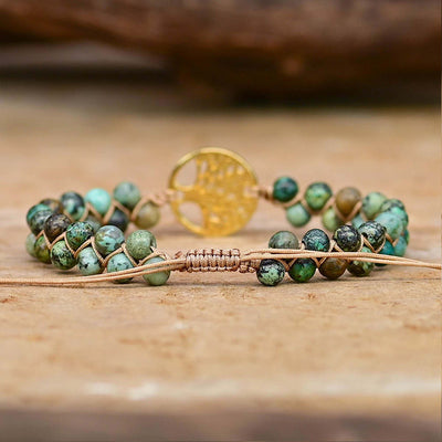 Pulsera Trenzada con Árbol de la Vida y Piedras Naturales Verde Turquesa Africana