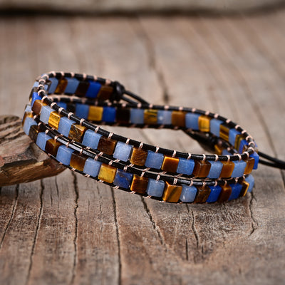 Pulsera de dos capas con ojo de tigre y aguamarina, protección y calma en equilibrio