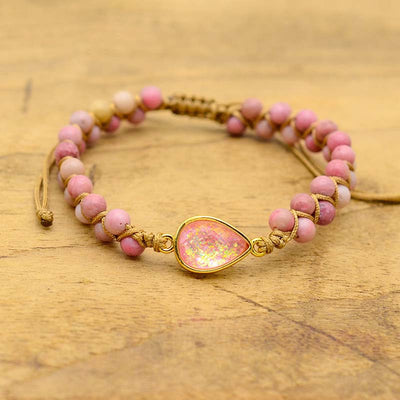 Pulsera Trenzada con Ópalo Rosa y Cuentas Naturales