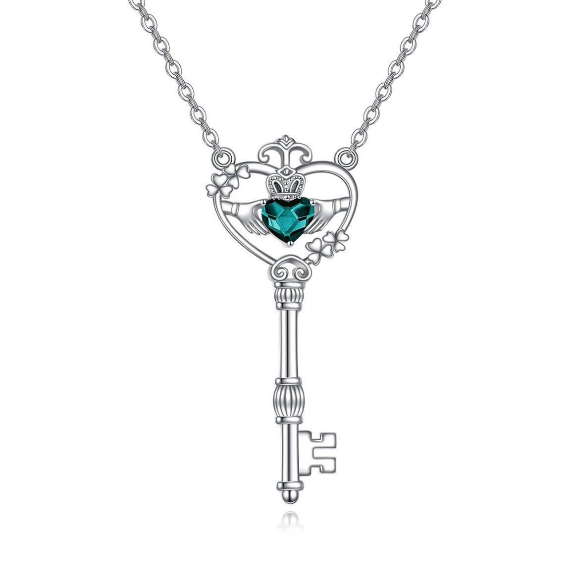 Collar trébol de cuatro hojas con llave del amor y jade verde, símbolo de suerte y conexión emocional