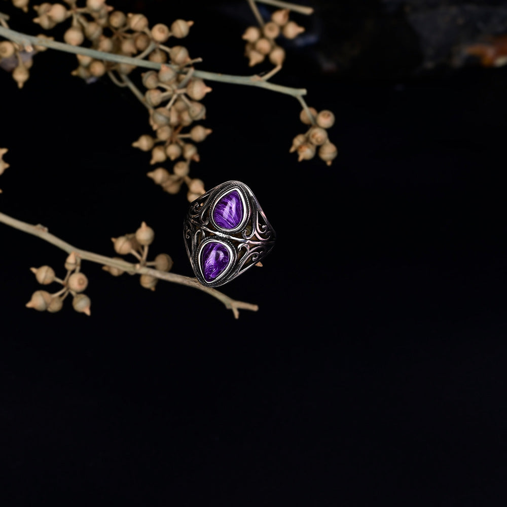 Anillo de amatista natural doble gota en plata 925, intuición y equilibrio con diseño fluido