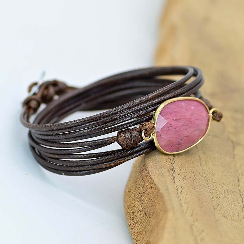 Pulsera de Rodonita con Cuerda de Cera Simple