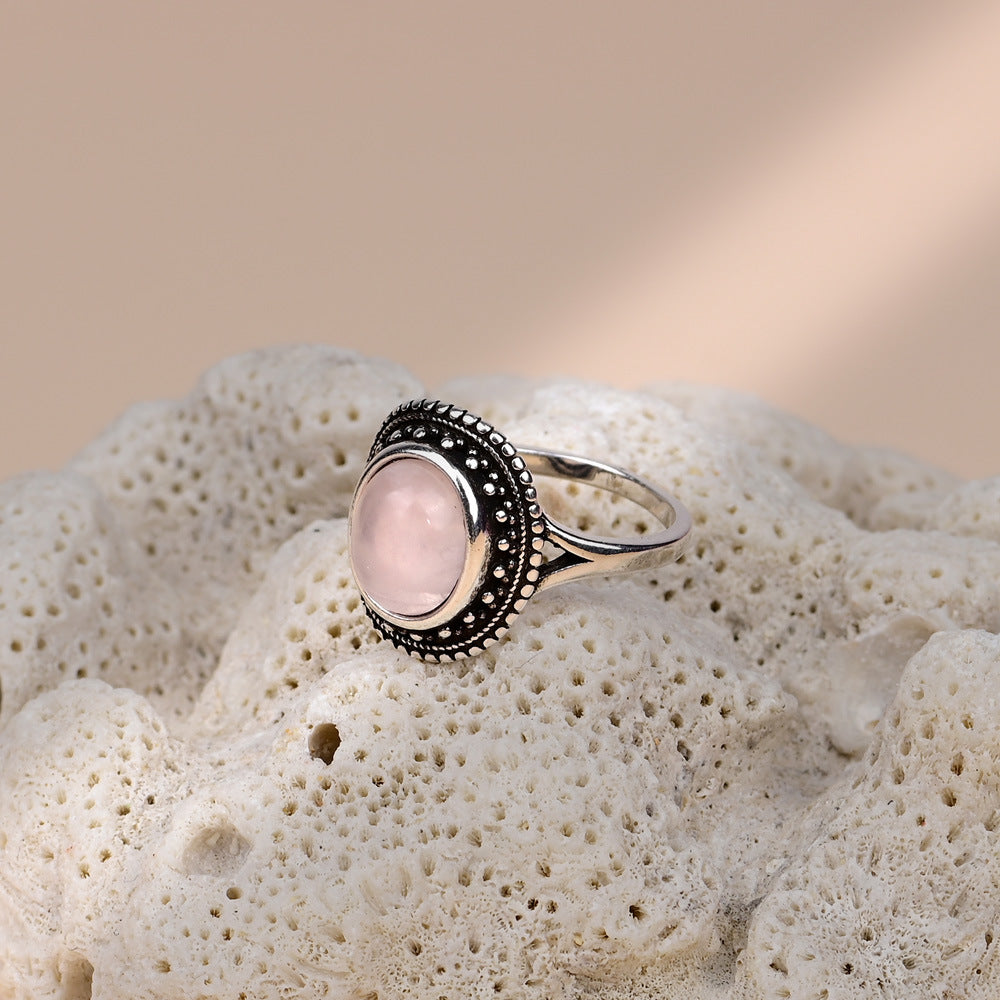 Anillo bohemio de cuarzo rosa en plata 925, amor propio y energía suave con estilo natural
