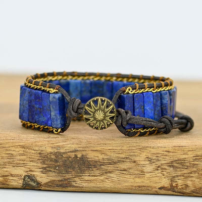 Pulsera de cadena larga con lapislázuli y cuero trenzado, sabiduría ancestral y estilo bohemio