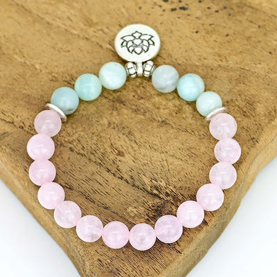 Pulsera de Cuarzo Rosa y Amazonita con Colgante de Loto – Amor y Serenidad