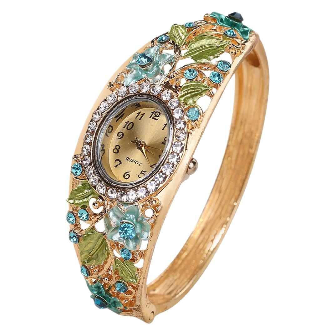 Reloj de Cuarzo Verde con Flor de Diamante y Set de Joyas de Perlas: Elegancia y Energía en tu Día