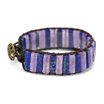 Pulsera larga de lapislázuli y amatista con cuero trenzado, equilibrio emocional y visión espiritual