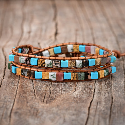 Pulsera de dos capas con turquesa cuadrada, protección emocional y energía libre