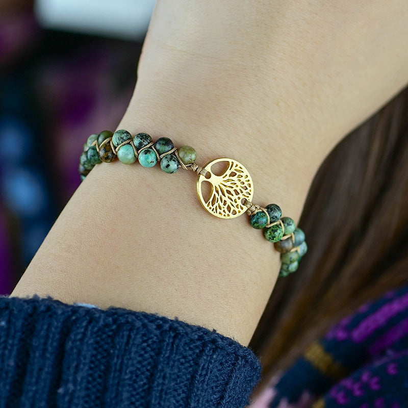 Pulsera Trenzada con Árbol de la Vida y Piedras Naturales Verde Turquesa Africana