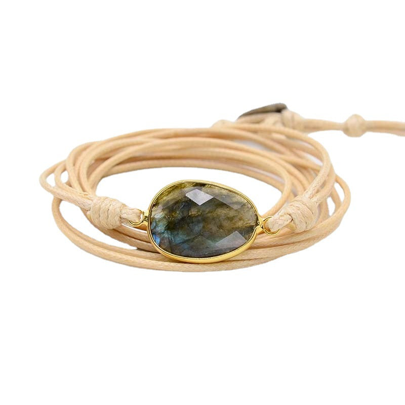 Pulsera Multicapa de Labradorita con Cuerda Clara Tejida a Mano