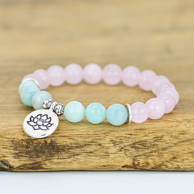 Pulsera de Cuarzo Rosa y Amazonita con Colgante de Loto – Amor y Serenidad