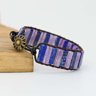 Pulsera larga de lapislázuli y amatista con cuero trenzado, equilibrio emocional y visión espiritual