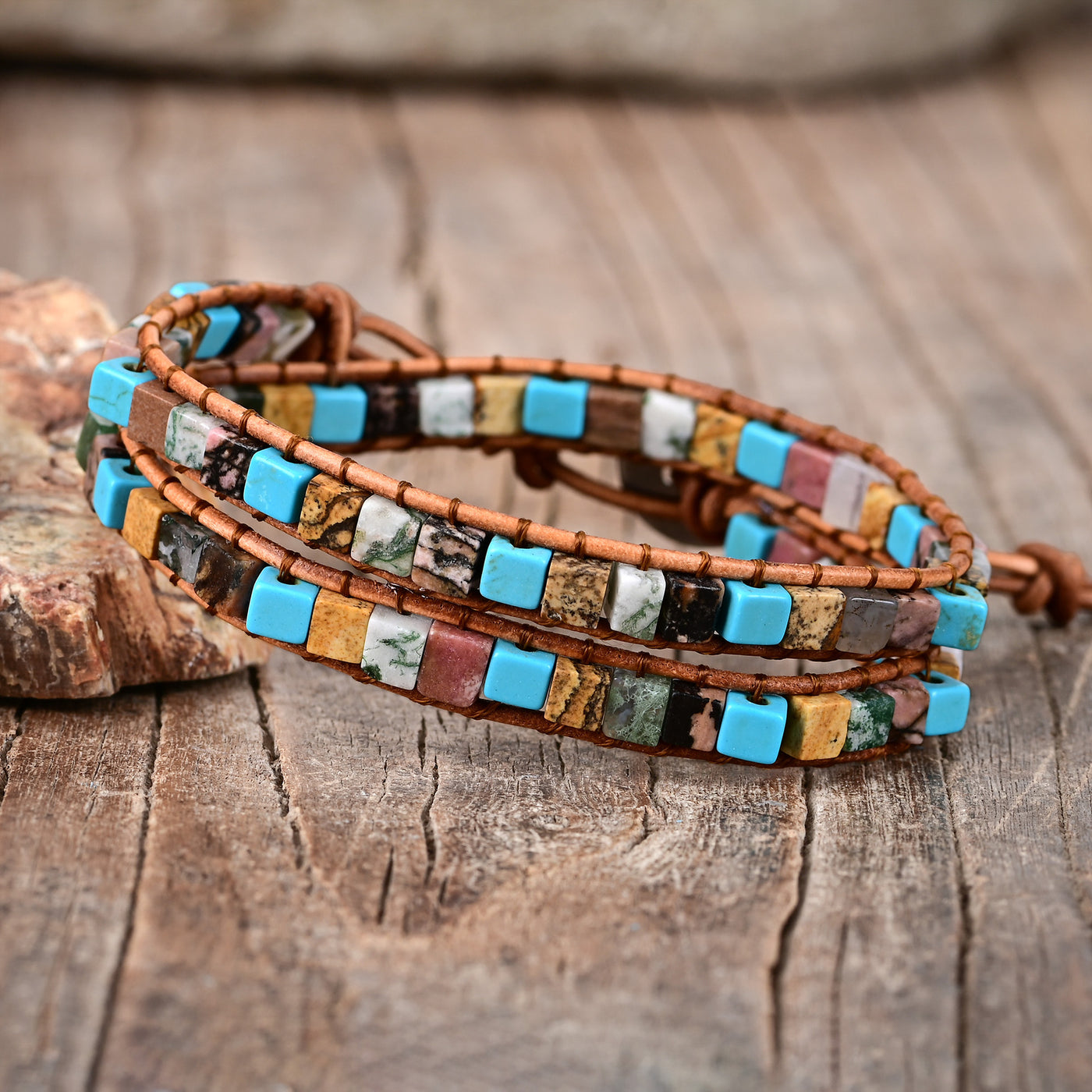 Pulsera de dos capas con turquesa cuadrada, protección emocional y energía libre