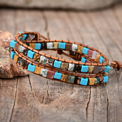 Pulsera de dos capas con turquesa cuadrada, protección emocional y energía libre