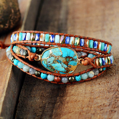 Pulsera de Cuero con Turquesa y Cuarzo Azul: Equilibra tu Energía con Elegancia