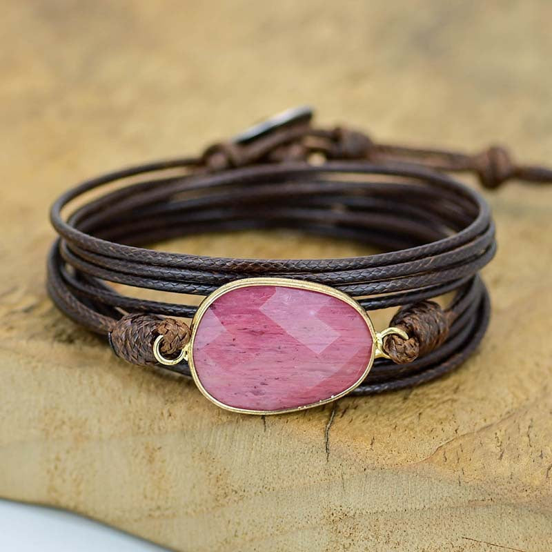 Pulsera de Rodonita con Cuerda de Cera Simple