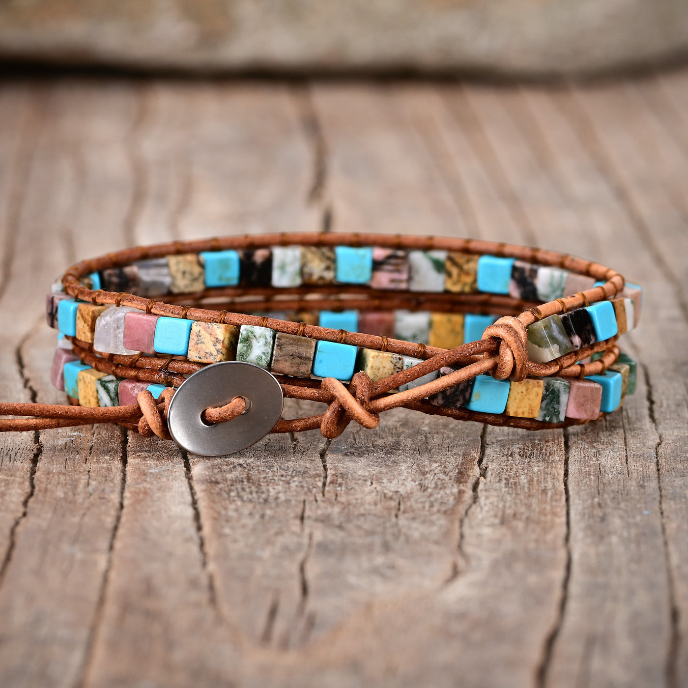 Pulsera de dos capas con turquesa cuadrada, protección emocional y energía libre