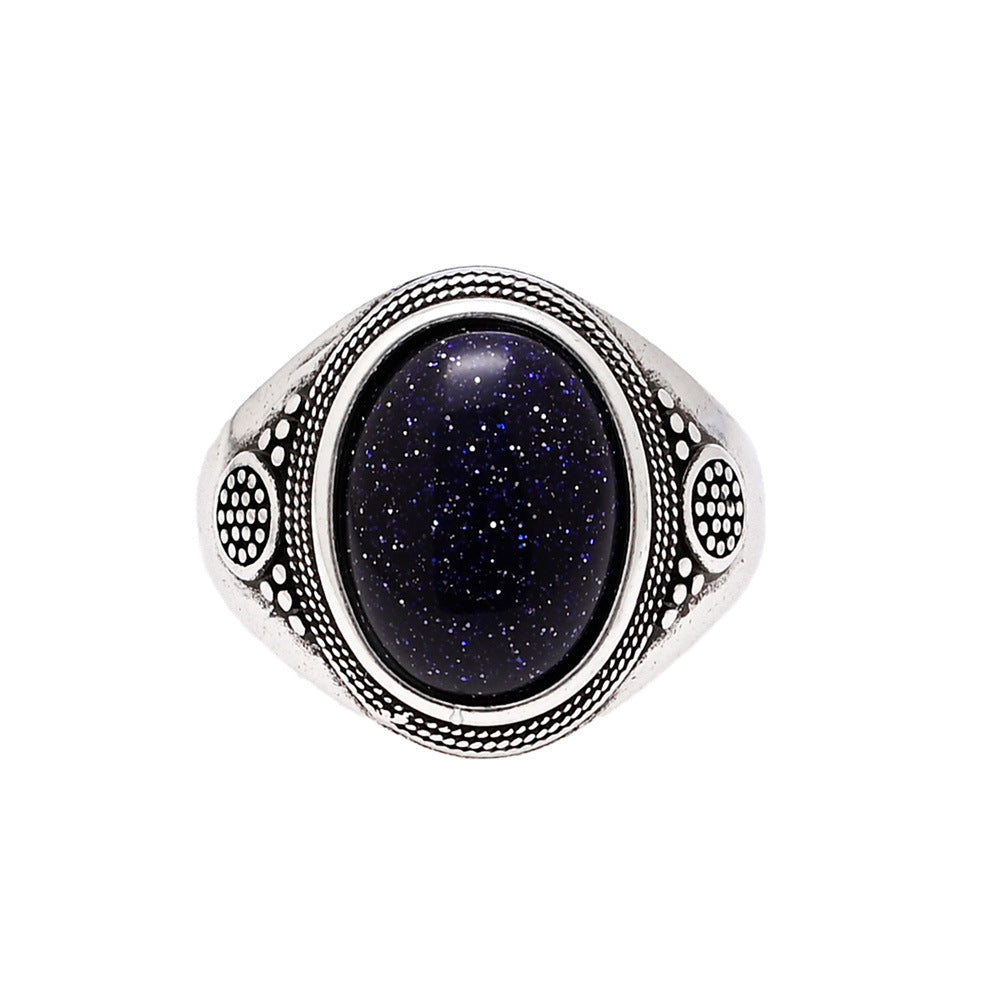 Anillo bohemio de arenisca azul ovalada en plata 925, magia estelar y elegancia retro