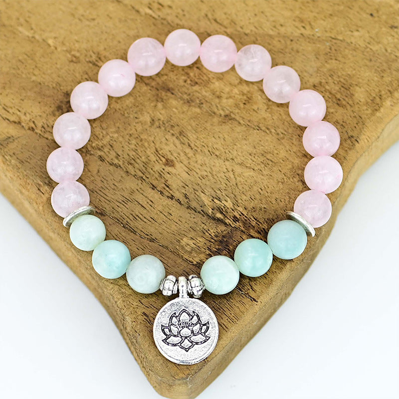 Pulsera de Cuarzo Rosa y Amazonita con Colgante de Loto – Amor y Serenidad