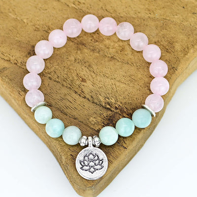 Pulsera de Cuarzo Rosa y Amazonita con Colgante de Loto – Amor y Serenidad