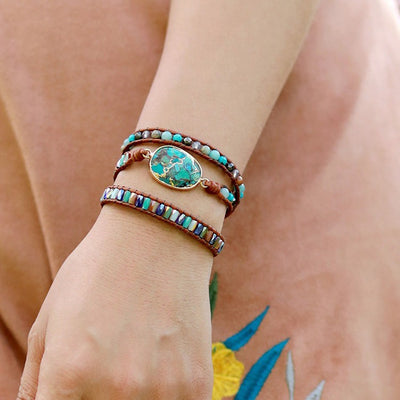 Pulsera de Cuero con Turquesa y Cuarzo Azul: Equilibra tu Energía con Elegancia