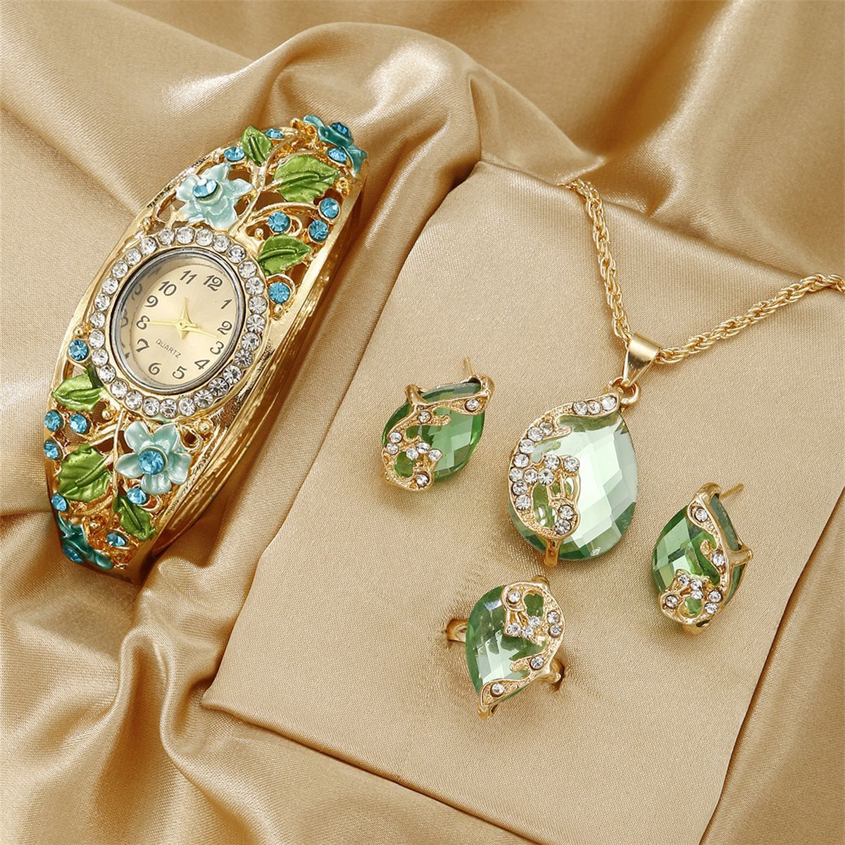 Reloj de Cuarzo Verde con Flor de Diamante y Set de Joyas de Perlas: Elegancia y Energía en tu Día