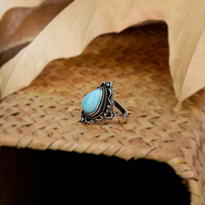 Anillo bohemio de turquesa en gota de agua y plata 925, protección natural con alma libre
