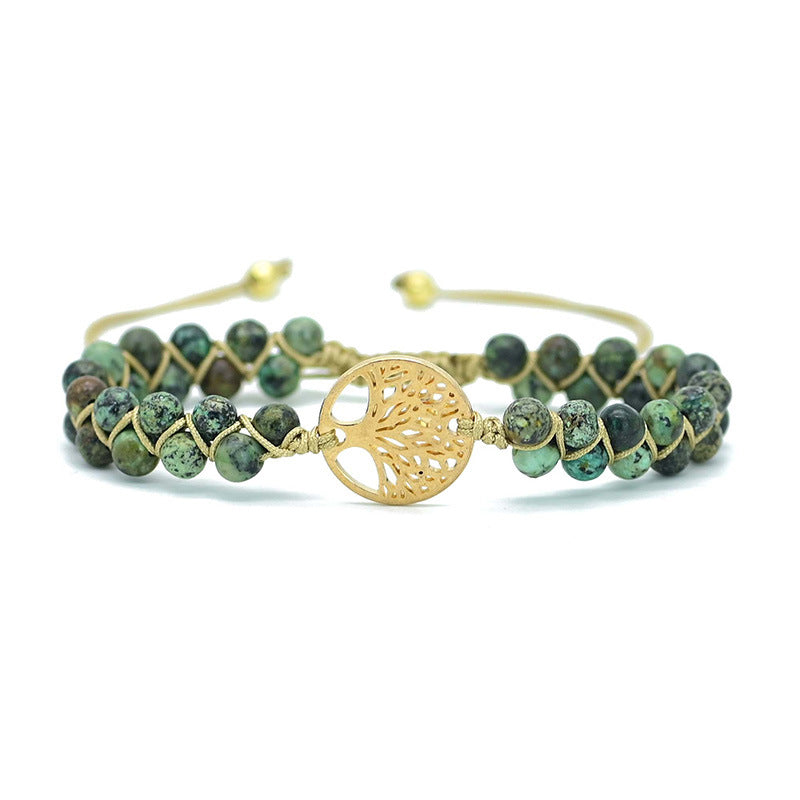Pulsera Trenzada con Árbol de la Vida y Piedras Naturales Verde Turquesa Africana