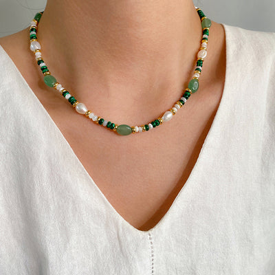 Conjunto de Collar y Pulsera con Malaquita, Perla y Cuarzo Verde: Elegancia y Energía Positiva