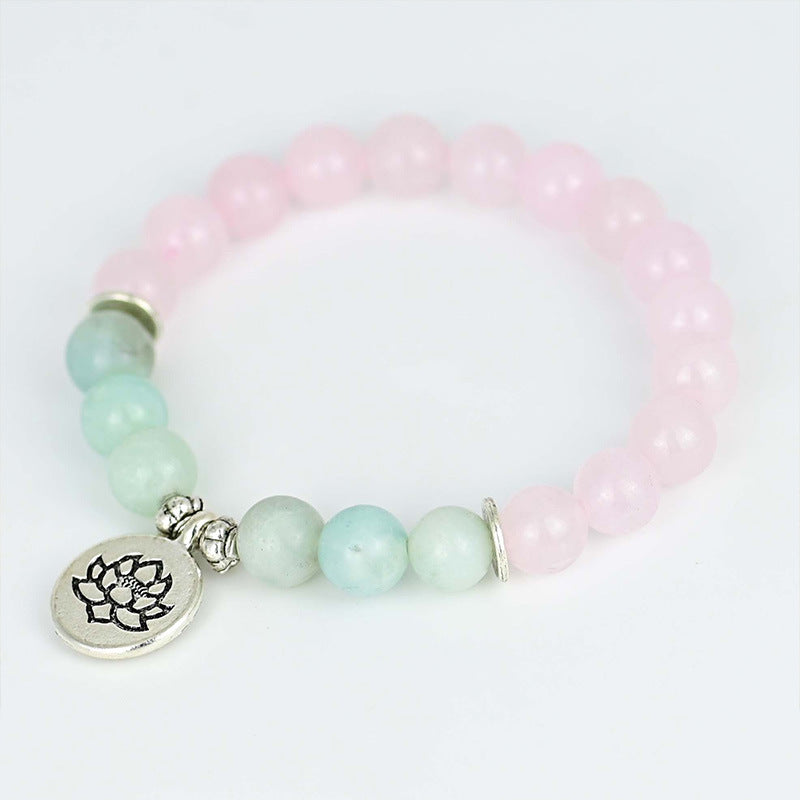 Pulsera de Cuarzo Rosa y Amazonita con Colgante de Loto – Amor y Serenidad