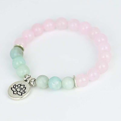 Pulsera de Cuarzo Rosa y Amazonita con Colgante de Loto – Amor y Serenidad