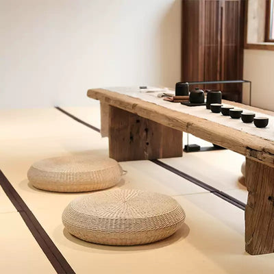 Puf Redondo de Paja Natural Tejido a Mano