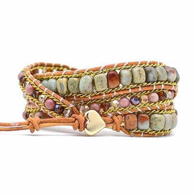 Pulsera de tres capas con cuarzo rosa y colgante de corazón, amor propio y dulzura emocional