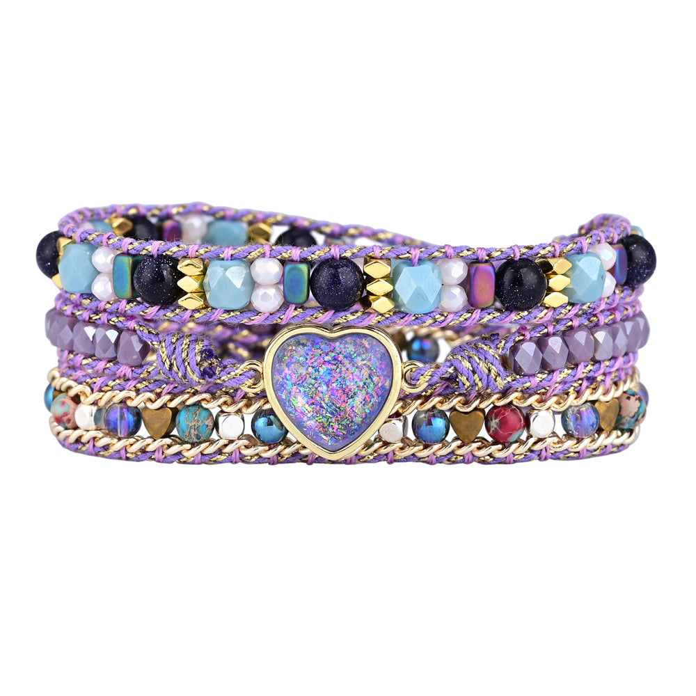 Pulsera de tres capas con ópalo morado y corazón, sensibilidad elevada y conexión emocional