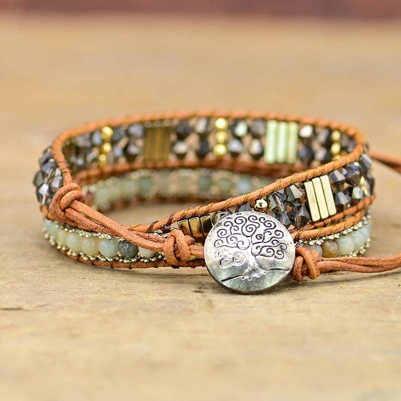 Pulsera de dos capas con hematita y colgante del árbol de la vida, protección y crecimiento consciente