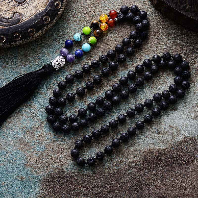 Energía y Protección: Collar Mala de Piedra Volcánica Natural