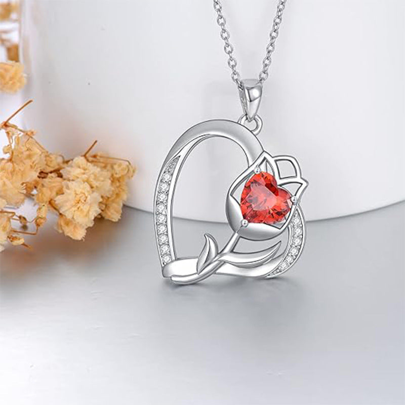 Collar corazón de rosa en plata 925 con jaspe rojo, pasión y protección emocional