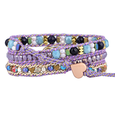 Pulsera de tres capas con ópalo morado y corazón, sensibilidad elevada y conexión emocional