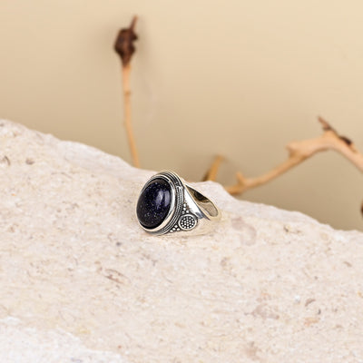 Anillo bohemio de arenisca azul ovalada en plata 925, magia estelar y elegancia retro