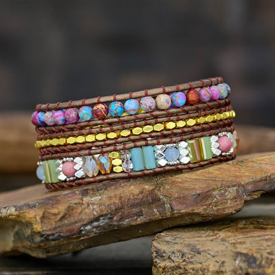 Pulsera de tres capas con piedra de flor morada natural, intuición y energía floral