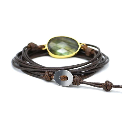 Pulsera de Labradorita con Cuerda Encerada y Borde Dorado
