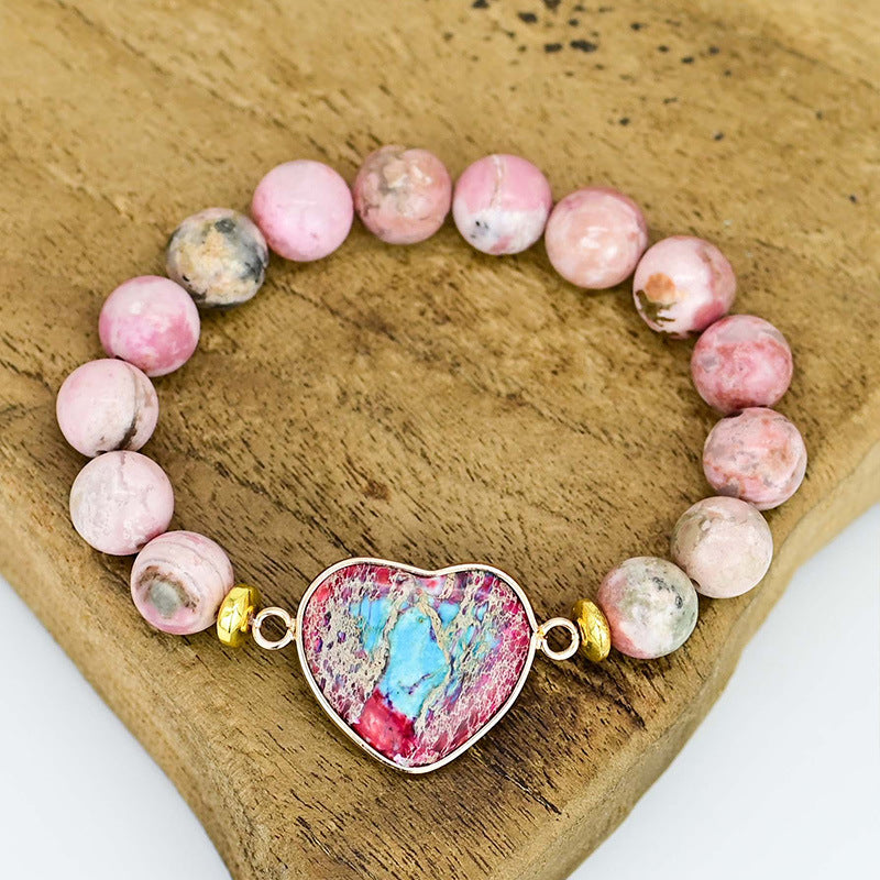 Pulsera de Rodonita con Colgante de Corazón – Amor y Equilibrio Emocional