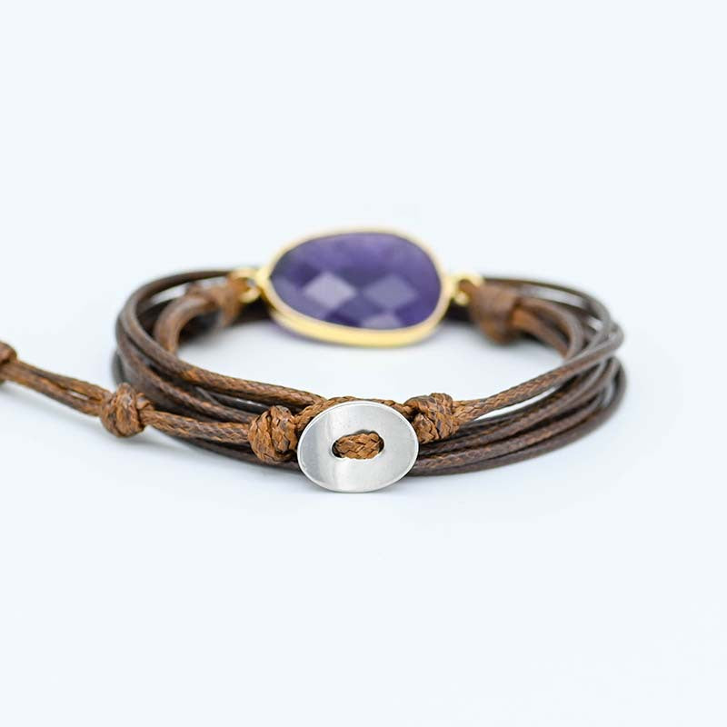 Pulsera Curativa de Amatista con Cuerda Azul o Marrón Encerada