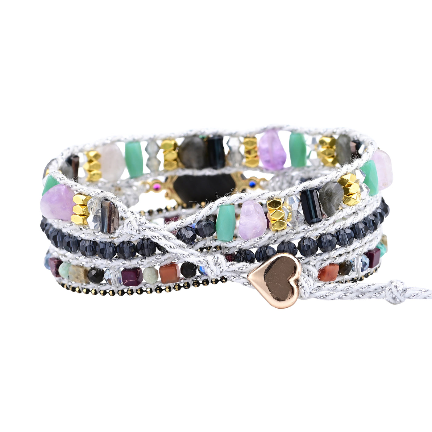 Pulsera bohemia de tres capas con ónix negro y cristal, protección y fuerza con estilo artesanal