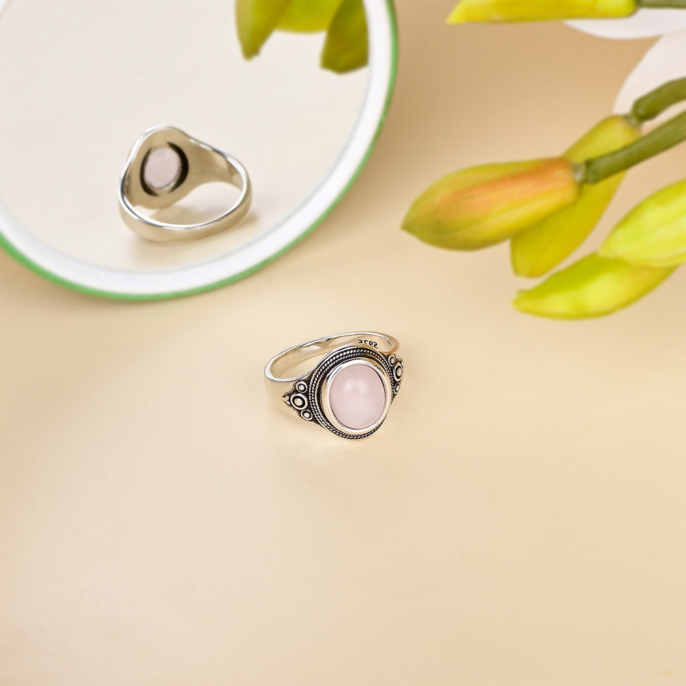 Anillo de cuarzo rosa en plata 925, amor propio y serenidad en estado puro