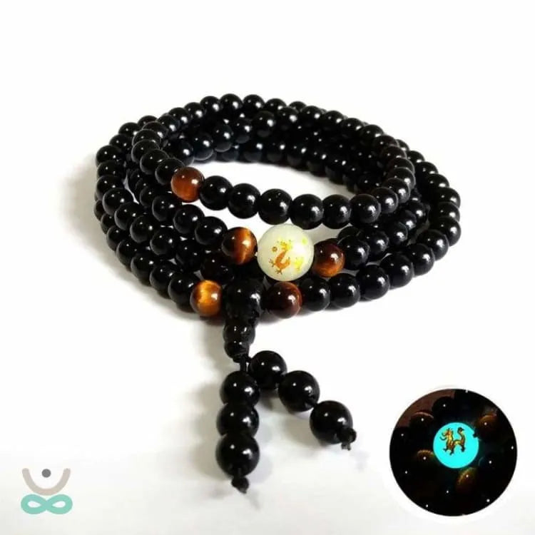 Pulsera Budista Mala con Dragón Fluorescente – Protección, Energía y Prosperidad