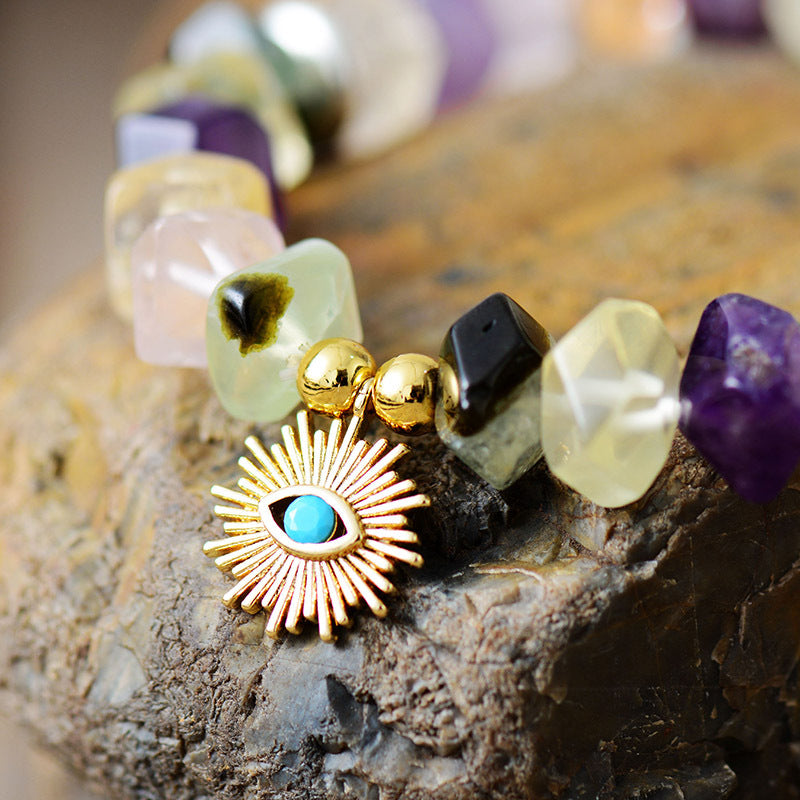 Pulsera Elástica con Colgante de Ojo y Cuentas de Piedra Natural