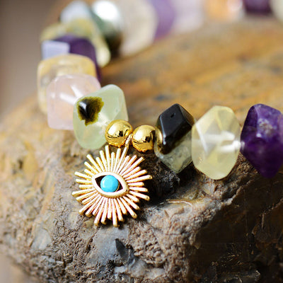 Pulsera Elástica con Colgante de Ojo y Cuentas de Piedra Natural