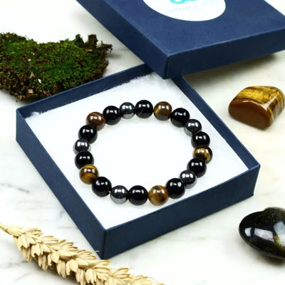 Pulsera Energética de Ojo de Tigre, Obsidiana y Hematita – Protección, Equilibrio y Fuerza